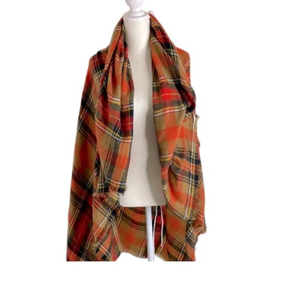 Unbranded Accessories - Oversized blanket Plaid wrap scarf tan orange yellow black white fringe tartan